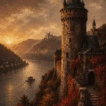 Rhine Wine Rhine Valley Wall Art featuring stone watchtower overlooking dark flowing water for refined interiors