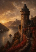 Rhine Wine Rhine Valley Wall Art featuring stone watchtower overlooking dark flowing water for refined interiors