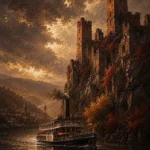 Rhine Wine Rhine Valley Wall Art featuring river steamer moving beneath ruined fortress walls for refined interiors