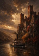 Rhine Wine Rhine Valley Wall Art featuring river steamer moving beneath ruined fortress walls for refined interiors
