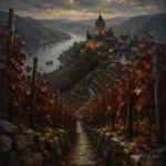 Rhine Wine Rhine Valley Wall Art featuring steep vineyard path climbing toward a medieval village for refined interiors