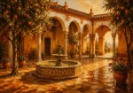 Andalusian Ochre Andalusian Wall Art featuring tiled fountain beneath orange trees and white arches for refined interiors