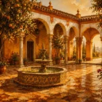 Andalusian Ochre Andalusian Wall Art featuring tiled fountain beneath orange trees and white arches for refined interiors
