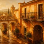Andalusian Ochre Andalusian Wall Art featuring wrought-iron balcony above an ochre passage for refined interiors