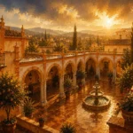 Andalusian Ochre Andalusian Wall Art featuring shaded arcade opening onto a brilliant courtyard for refined interiors