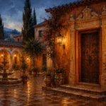 Andalusian Ochre Andalusian Wall Art featuring carved wooden doorway framed by terracotta walls for refined interiors