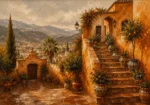 Andalusian Ochre Andalusian Wall Art featuring narrow stairway lined with glazed ceramic pots for refined interiors