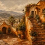 Andalusian Ochre Andalusian Wall Art featuring narrow stairway lined with glazed ceramic pots for refined interiors