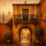 Andalusian Ochre Andalusian Wall Art featuring wrought-iron balcony above an ochre passage for refined interiors