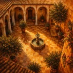 Andalusian Ochre Andalusian Wall Art featuring shaded arcade opening onto a brilliant courtyard for refined interiors