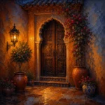 Andalusian Ochre Andalusian Wall Art featuring carved wooden doorway framed by terracotta walls for refined interiors