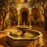 Andalusian Ochre Andalusian Wall Art featuring tiled fountain beneath orange trees and white arches for refined interiors