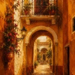 Andalusian Ochre Andalusian Wall Art featuring wrought-iron balcony above an ochre passage for refined interiors