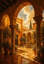 Andalusian Ochre Andalusian Wall Art featuring shaded arcade opening onto a brilliant courtyard for refined interiors
