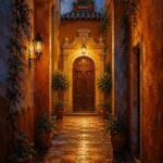 Andalusian Ochre Andalusian Wall Art featuring carved wooden doorway framed by terracotta walls for refined interiors