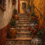 Andalusian Ochre Andalusian Wall Art featuring narrow stairway lined with glazed ceramic pots for refined interiors