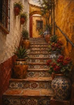 Andalusian Ochre Andalusian Wall Art featuring narrow stairway lined with glazed ceramic pots for refined interiors