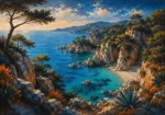 Costa Coral Costa Brava Wall Art featuring hidden turquoise cove between pine-covered cliffs for refined interiors