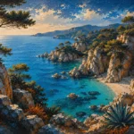 Costa Coral Costa Brava Wall Art featuring hidden turquoise cove between pine-covered cliffs for refined interiors