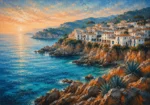 Costa Coral Costa Brava Wall Art featuring white fishing village above coral-toned rock for refined interiors