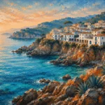 Costa Coral Costa Brava Wall Art featuring white fishing village above coral-toned rock for refined interiors