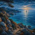 Costa Coral Costa Brava Wall Art featuring solitary sailboat beyond a rugged headland for refined interiors