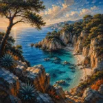 Costa Coral Costa Brava Wall Art featuring hidden turquoise cove between pine-covered cliffs for refined interiors