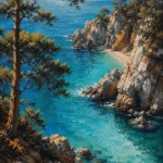 Costa Coral Costa Brava Wall Art featuring hidden turquoise cove between pine-covered cliffs for refined interiors