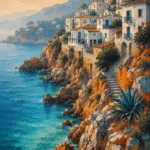 Costa Coral Costa Brava Wall Art featuring white fishing village above coral-toned rock for refined interiors