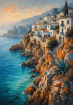 Costa Coral Costa Brava Wall Art featuring white fishing village above coral-toned rock for refined interiors