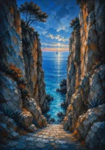 Costa Coral Costa Brava Wall Art featuring solitary sailboat beyond a rugged headland for refined interiors