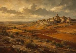Castilian Sienna Spanish Landscape Wall Art featuring solitary stone village above ochre fields for refined interiors