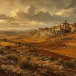 Castilian Sienna Spanish Landscape Wall Art featuring solitary stone village above ochre fields for refined interiors