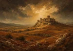 Castilian Sienna Spanish Landscape Wall Art featuring medieval castle rising from a distant ridge for refined interiors