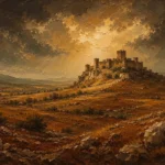 Castilian Sienna Spanish Landscape Wall Art featuring medieval castle rising from a distant ridge for refined interiors