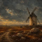 Castilian Sienna Spanish Landscape Wall Art featuring weathered windmill beneath dramatic clouds for refined interiors