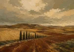 Castilian Sienna Spanish Landscape Wall Art featuring line of cypress trees dividing harvested land for refined interiors