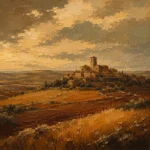 Castilian Sienna Spanish Landscape Wall Art featuring solitary stone village above ochre fields for refined interiors