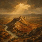 Castilian Sienna Spanish Landscape Wall Art featuring medieval castle rising from a distant ridge for refined interiors