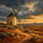 Castilian Sienna Spanish Landscape Wall Art featuring weathered windmill beneath dramatic clouds for refined interiors