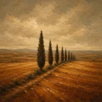 Castilian Sienna Spanish Landscape Wall Art featuring line of cypress trees dividing harvested land for refined interiors