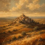 Castilian Sienna Spanish Landscape Wall Art featuring solitary stone village above ochre fields for refined interiors