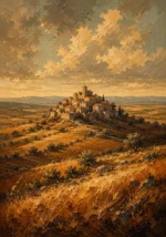 Castilian Sienna Spanish Landscape Wall Art featuring solitary stone village above ochre fields for refined interiors