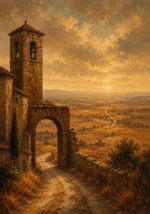 Castilian Sienna Spanish Landscape Wall Art featuring winding road crossing an open sienna plain for refined interiors