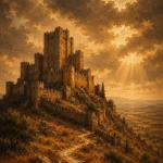 Castilian Sienna Spanish Landscape Wall Art featuring medieval castle rising from a distant ridge for refined interiors