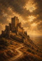 Castilian Sienna Spanish Landscape Wall Art featuring medieval castle rising from a distant ridge for refined interiors
