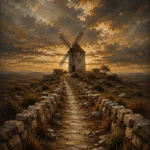 Castilian Sienna Spanish Landscape Wall Art featuring weathered windmill beneath dramatic clouds for refined interiors