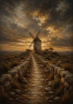 Castilian Sienna Spanish Landscape Wall Art featuring weathered windmill beneath dramatic clouds for refined interiors