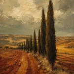 Castilian Sienna Spanish Landscape Wall Art featuring line of cypress trees dividing harvested land for refined interiors