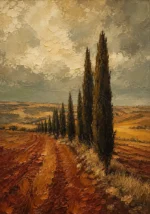 Castilian Sienna Spanish Landscape Wall Art featuring line of cypress trees dividing harvested land for refined interiors